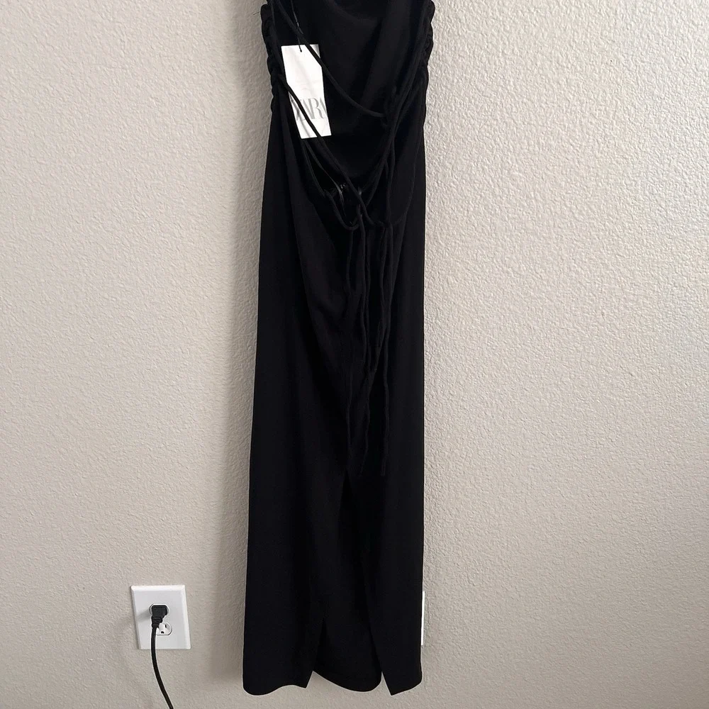 Zara Medium Dress Maxi Black Lace Up Back Ruched Whimsigoth Glam NWT - Picture 5 of 8